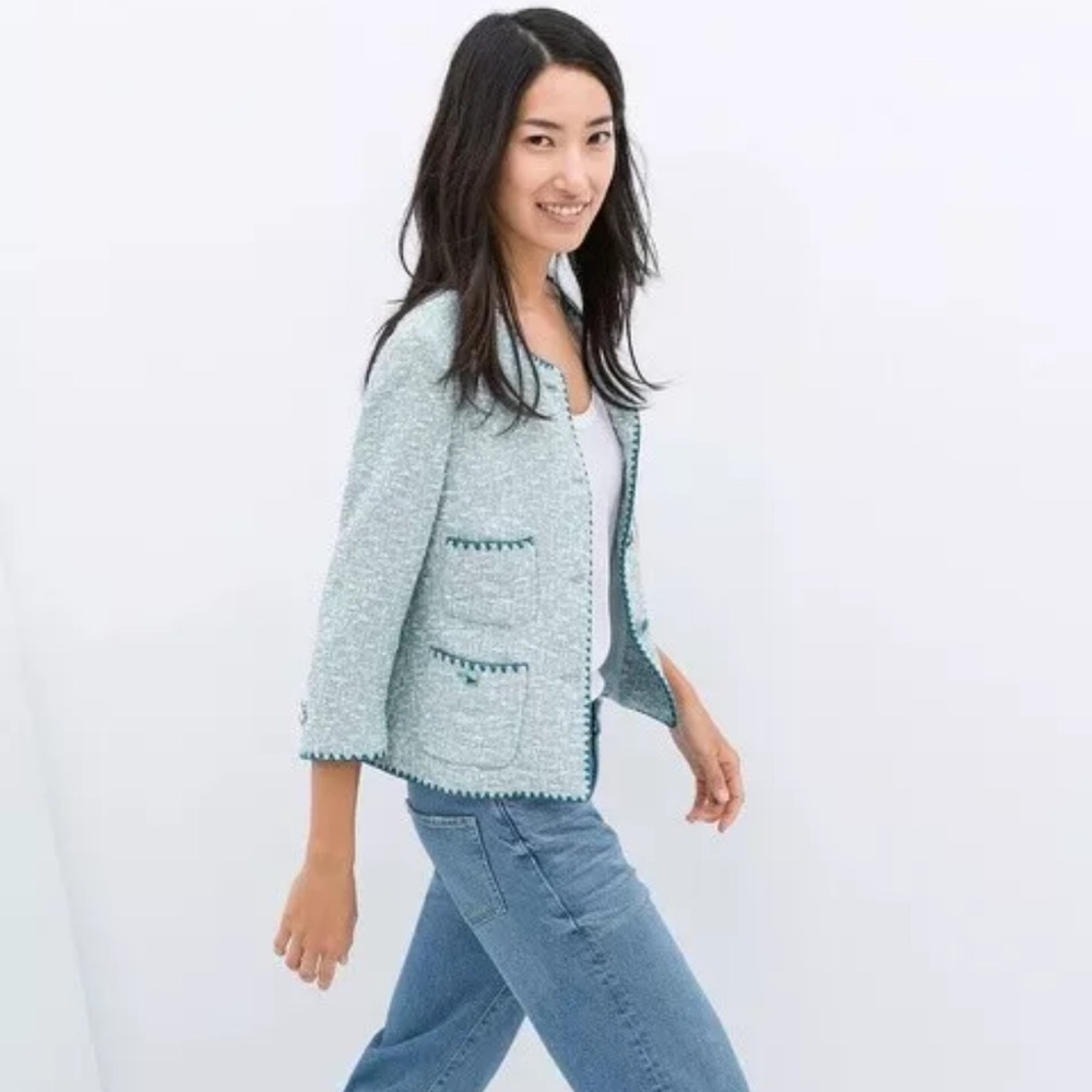 ZARA BLUE ECRU CONTRAST BLAZER TWEED WEAVE JACKET COAT SIZE S NEW - Picture 9 of 13